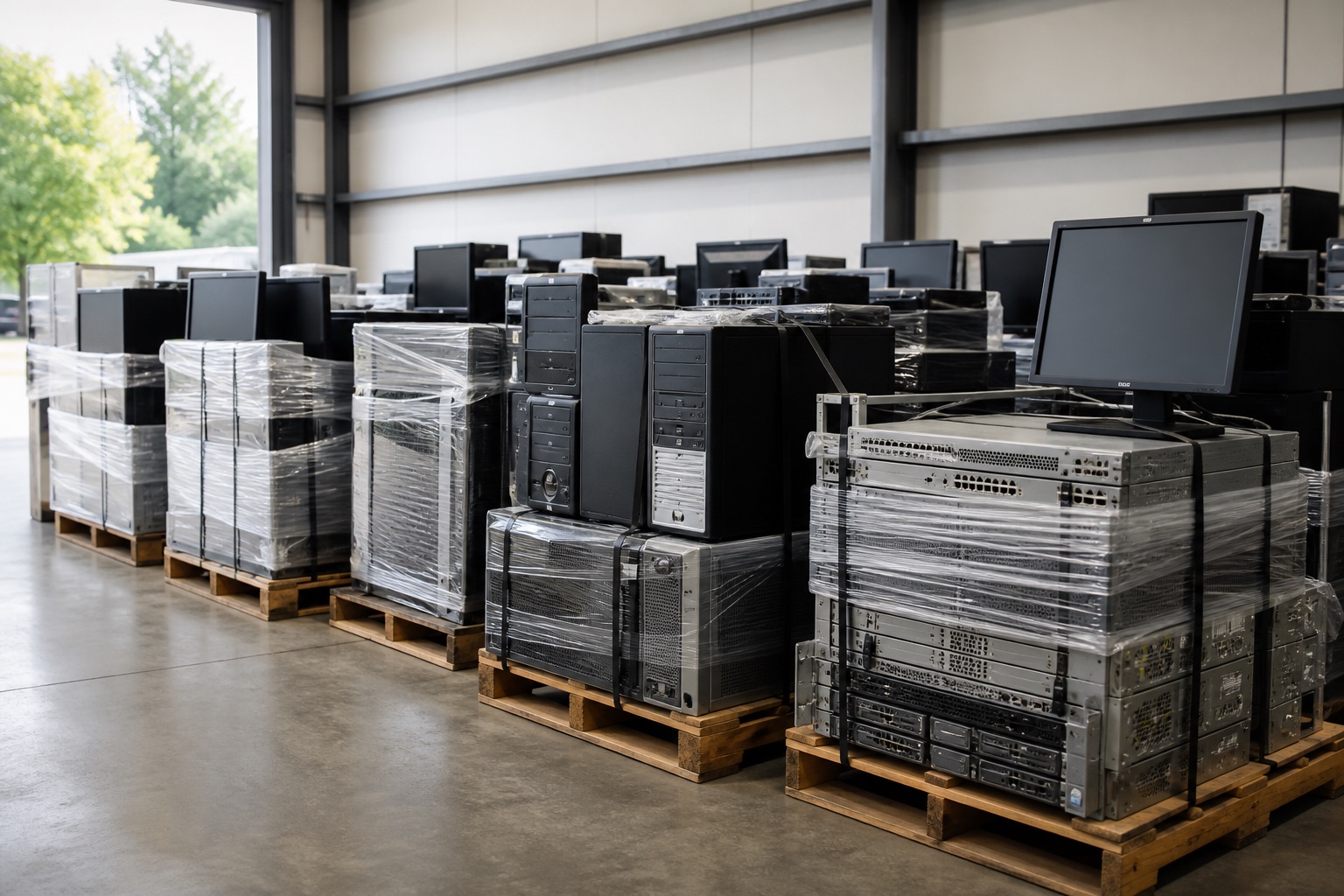 Business computers and IT equipment secured on pallets for pickup