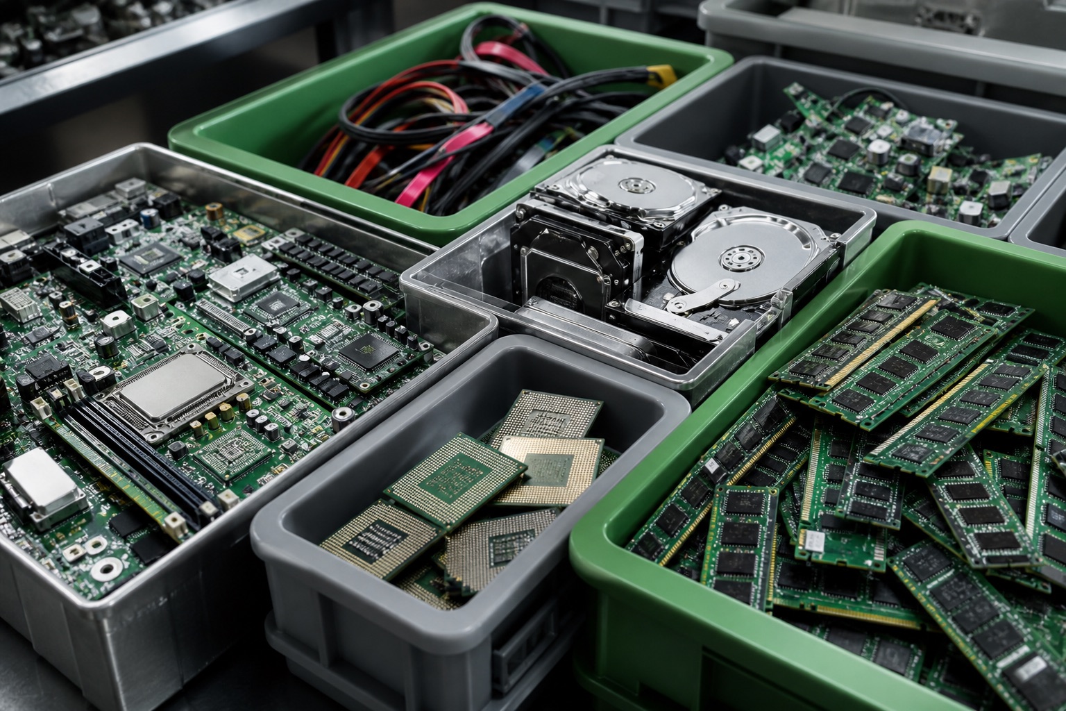 Circuit boards, processors, memory and drives sorted for responsible electronics recycling